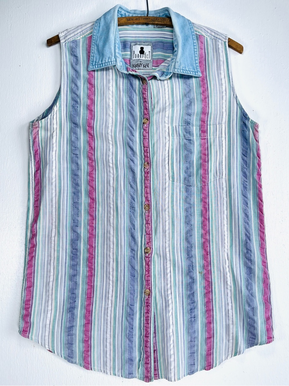 Vintage Krazy Kat Purrfect Sleeveless Striped Shirt Pastel Pink Green Medium